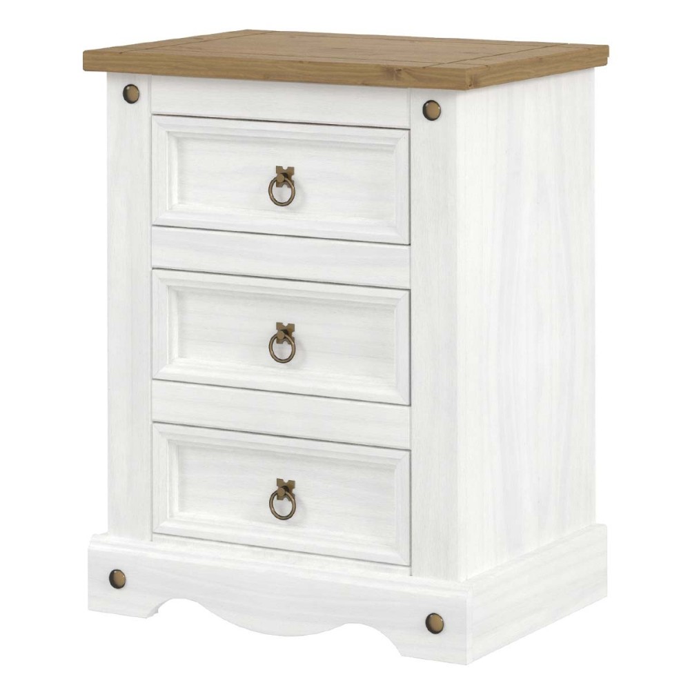 Corona White Mexican-Inspired 3 Drawer Bedside Cabinet